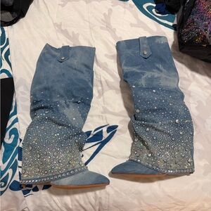 Embellished Blue Denim Boots with heel